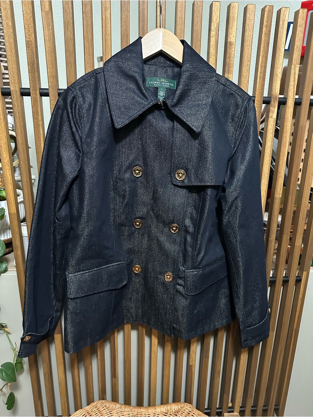 Lauren Ralph Lauren Metallic Dark Wash Denim Double Breasted Pea Coat L